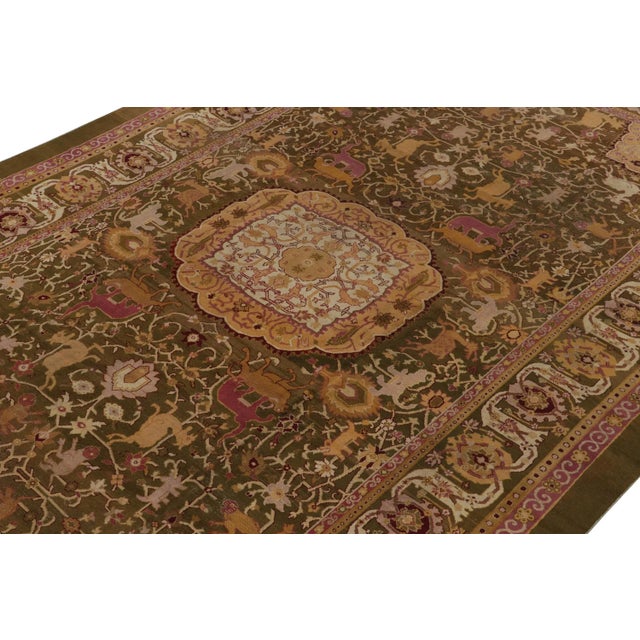 Rug & Kilim Antique Amritsar Rug in Greenish-Brown, Pink & Gold Medallion With Pictorials For Sale - Image 4 of 8