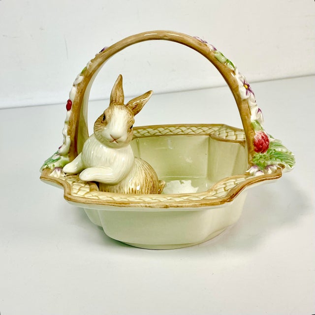 Fitz and Floyd 1990s Vintage Hollywood Regency Majolica Flora Bunny Jelly Bean Bowl, Fitz & Floyd Trompe L’Oeil Style For Sale - Image 4 of 14