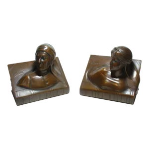 Late 19th Century Antique Art Nouveau Jennings Bros. Bronze Clad Dante and Beatrice Bookends - Set of 2