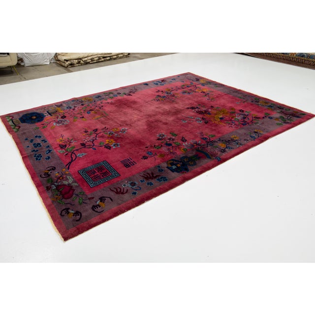 1920s Antique Art Deco Handmade Chinese Wool Rug in Burgundy Red For Sale - Image 5 of 10