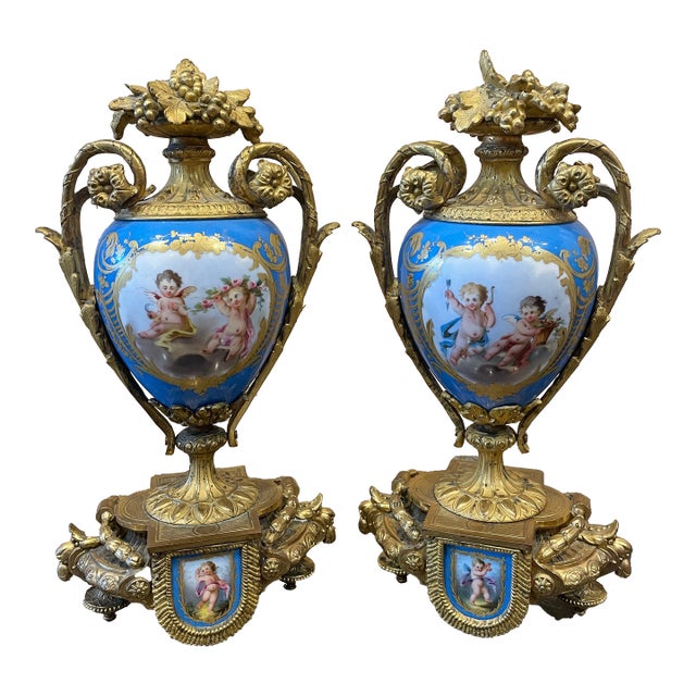Pair of 19th Century Sèvres-Style Porcelain Vases With Gilt Bronze Mounts, Signed Mourey For Sale