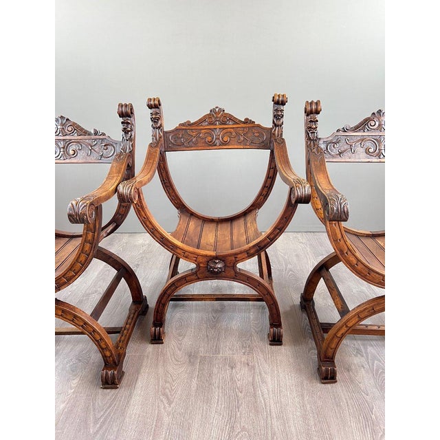 19th Century Renaissance Wooden Armchairs, Set of 3 For Sale - Image 3 of 13