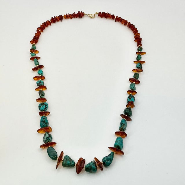 Metal 1980s Vintage Boho Chic Baltic Amber & Faux Turquoise Nugget Beaded Necklace - 26” For Sale - Image 7 of 11