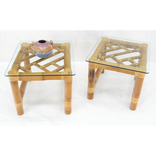 Pair Thick Bamboo Glass Top Rectangle Glass Top End Side Lamp Tables MINT For Sale - Image 16 of 18