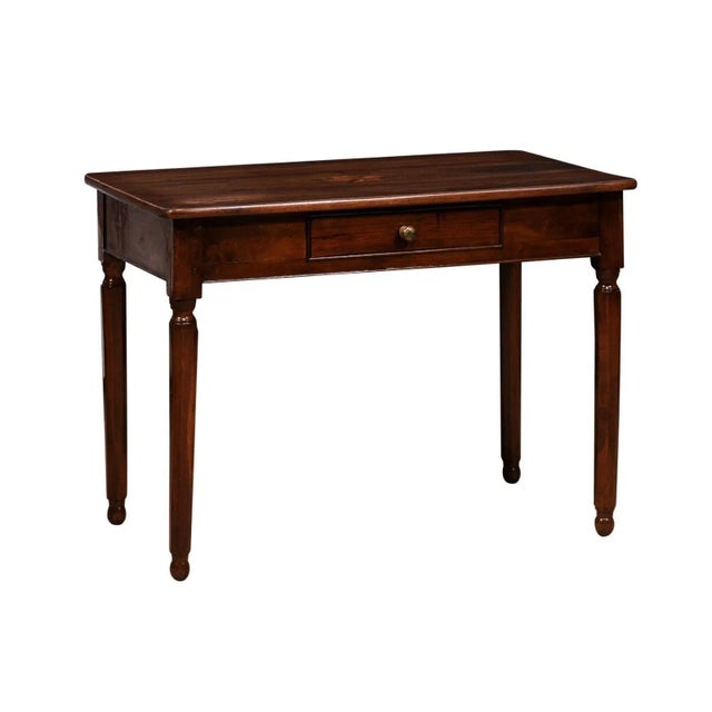 Italian 1890s Walnut Side Table with Elm Marquetry Star, Drawer and Turned Legs For Sale - Image 4 of 12