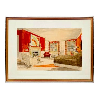 Vintage Framed Watercolor Interior Design Renderings- Set of Two For Sale