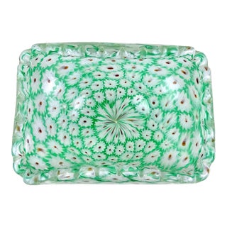 Vintage Murano Fratelli Toso Millefiori Green White Flower Mosaic Italian Art Glass Ruffle Edge Bowl For Sale