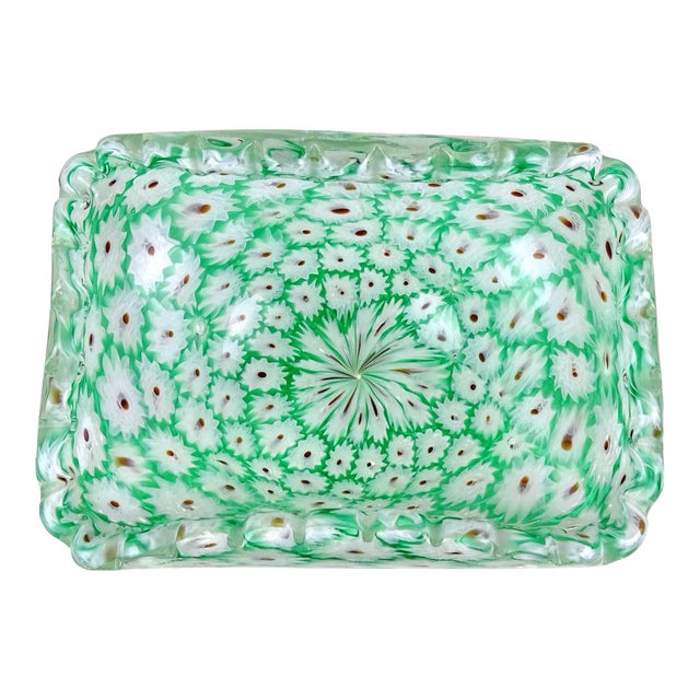 Vintage Murano Fratelli Toso Millefiori Green White Flower Mosaic Italian Art Glass Ruffle Edge Bowl For Sale