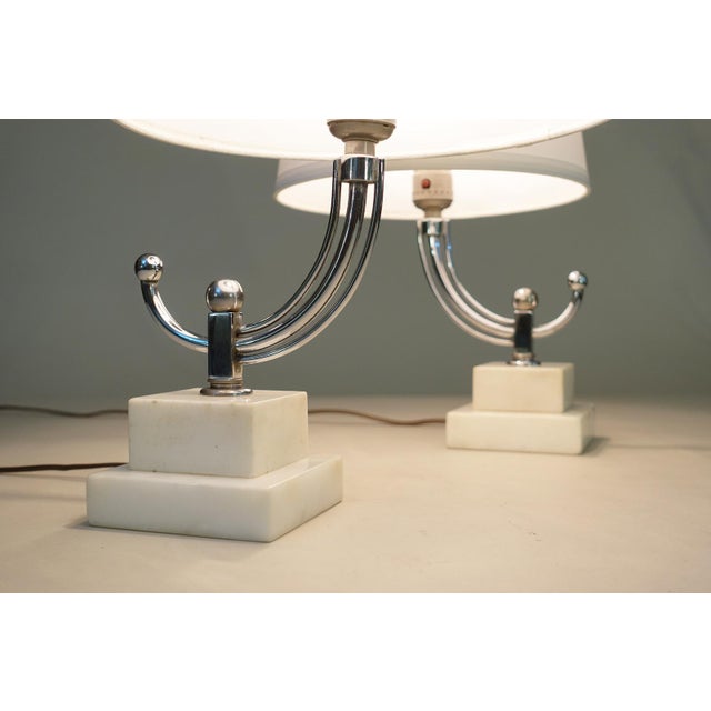 Art Deco 1930s Art Deco Streamline Moderne Stepped Marble Chrome Table Lamps by Donald Deskey - a Pair For Sale - Image 3 of 12