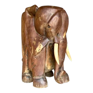 Vintage Boho Carved Wooden Elephant Low Stool