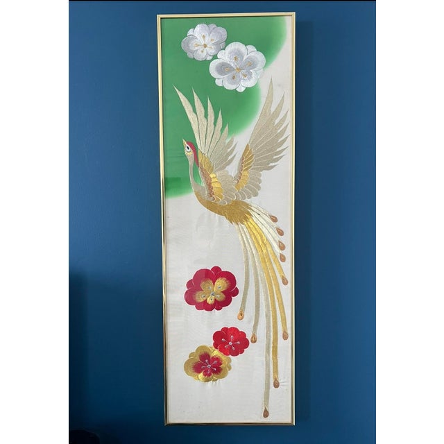 Japanese Kimono Silk Phoenix Embroidered Panels, Four-Panel Set, Mid 20th Century For Sale - Image 13 of 18