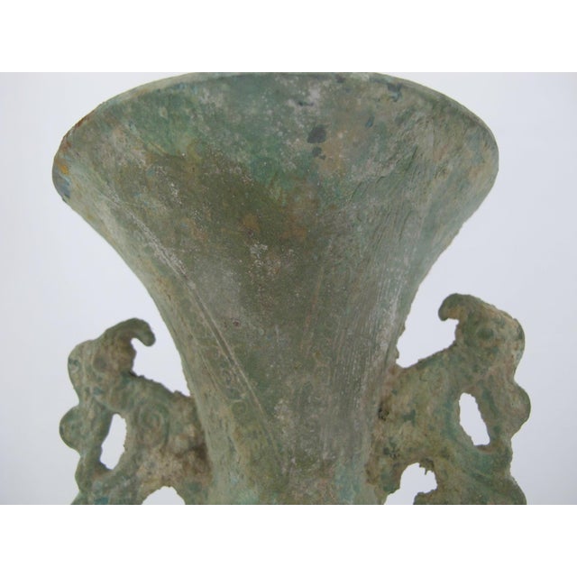 Chinese Archaic Bronze Ware Fengshui Ritual Vessel Hu Vase With Dragon Handles For Sale - Image 9 of 14