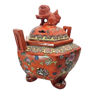 Vintage Chinese Coral Red Porcelain Foo Dog Tripod Censer Urn For Sale