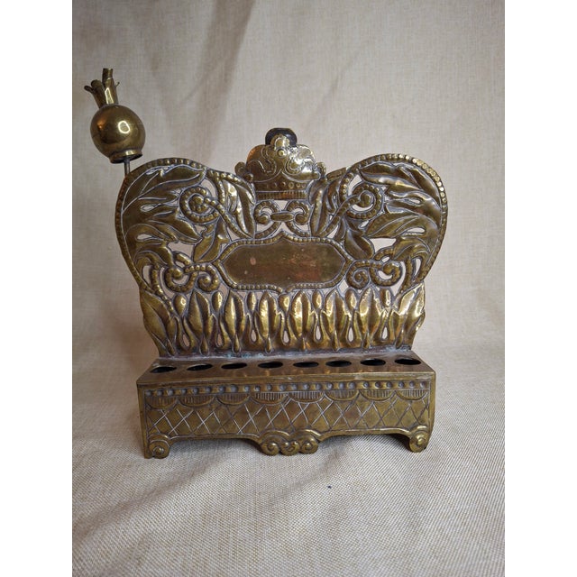 Rare 19thC Polish Brass Hanukkah Menorah Oil Lamp Crown Lions Judaica For Sale - Image 9 of 12