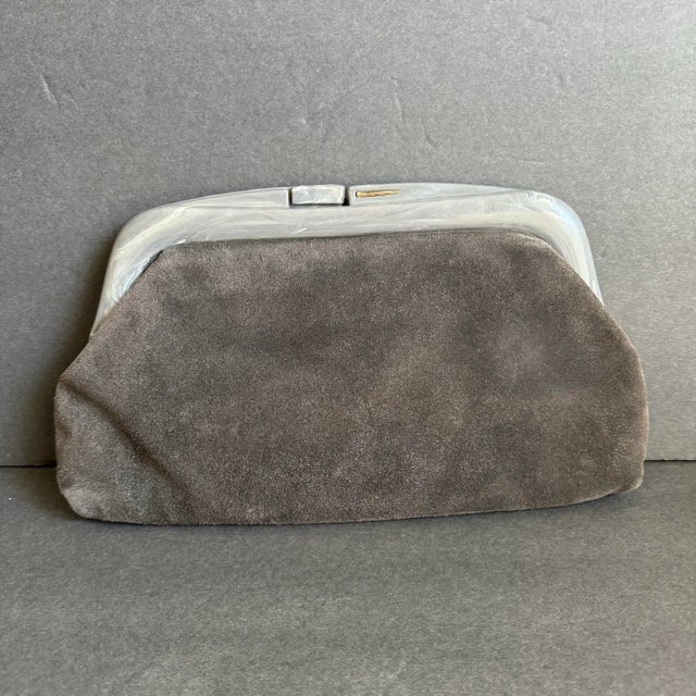 1970s Vintage Italian Suede Clutch Purse Snakeskin Patchwork Leather Bag Gray Bakelite Style Closure Reghi Italy For Sale - Image 5 of 11
