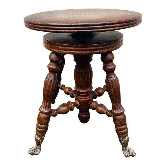 Early 1900s Adjustable Oak Piano Stool With Glass Ball Claw Feet For Sale