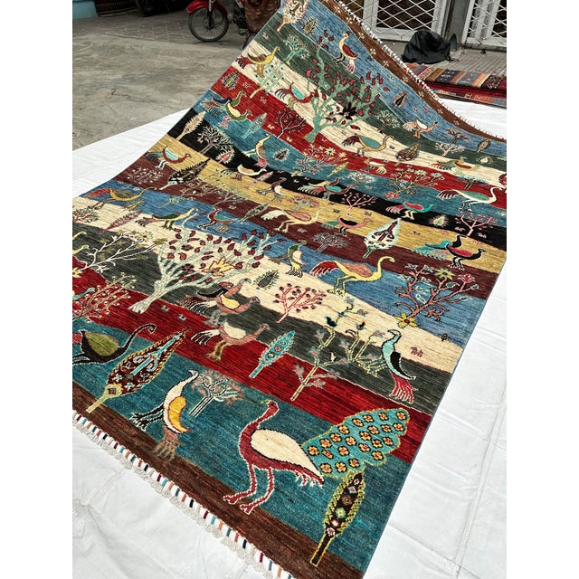 Multicolor Afghan Pictorial Bird & Tree Hand-Knotted Wool Rug - 9'7" X 6'9" For Sale - Image 4 of 15