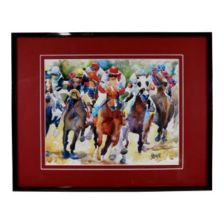 Outsider Folk Art Horse Racing Watercolor by Ron Krajewski For Sale