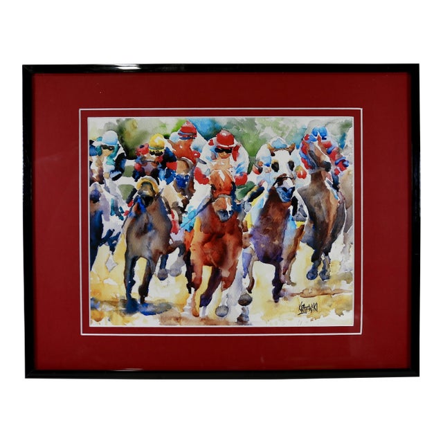 Outsider Folk Art Horse Racing Watercolor by Ron Krajewski For Sale