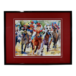 Outsider Folk Art Horse Racing Watercolor by Ron Krajewski