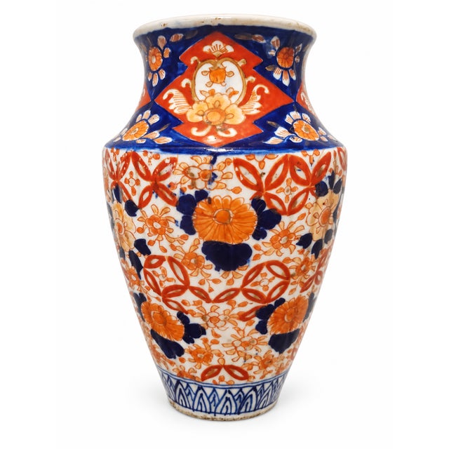 Title: Antique 19th Century Japanese Imari Porcelain Vase — Hand-Painted Cobalt, Iron-Red & Gilt — Ribbed Form...