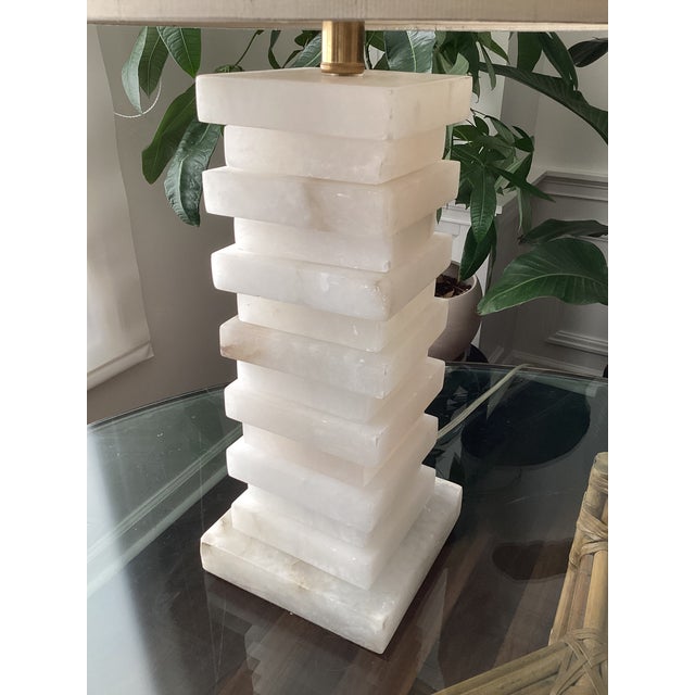 2000 - 2009 John-Richard Stacked Alabaster Column Table Lamps With Raw Silk Shades - a Pair For Sale - Image 5 of 9