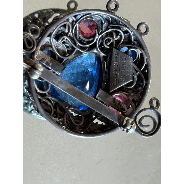 Blue 1940s Hobé Sterling Silver Floral Brooch With Pâte De Verre and Rhinestone Accents For Sale - Image 8 of 9
