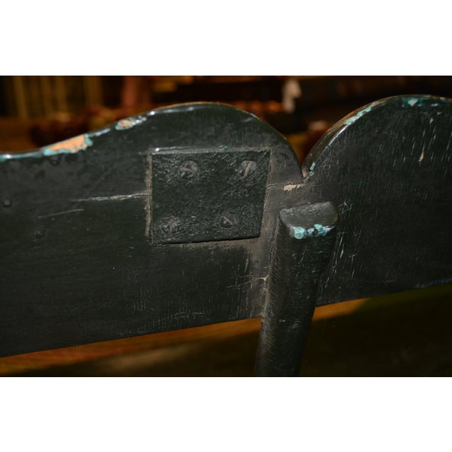 1960s Shabby Green Wood Long Deacon's Bench With Arms & Custom Cushion