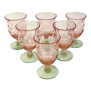 1930s Etched Pink & Green Watermelon Glass Cordials or Juice Glasses- Set of 6 For Sale
