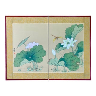 Chinese Lotus and Dragonfly Gouache on Silk Painted Folding Screen For Sale