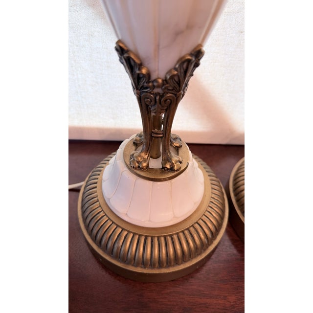 Vintage Mid-Century Modern Neoclassical Carved Alabaster & Brass Spindle Table Lamps - A Pair. For Sale - Image 4 of 18