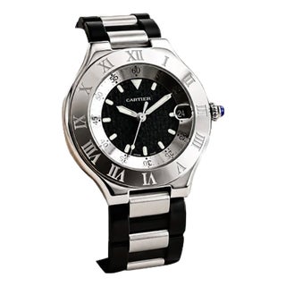 Vintage Collector-Grade Cartier 21 Must De Cartier Autoscaph Stainless Steel Watch W. Sapphire Cabochon, Unisex, Full Set/Orig. Box/Paper For Sale