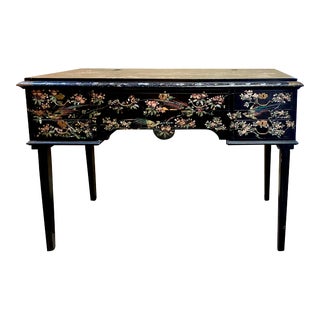Antique Ebonized Wood, Mother of Pearl Inlay Desk, Vanity - Peacocks, Flowers and Birds For Sale