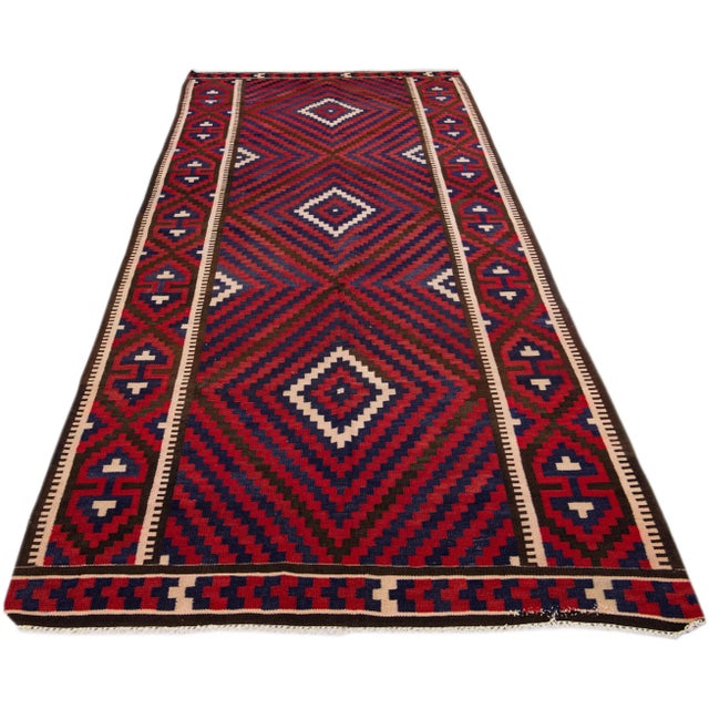 Turkish Mid-20th Century Turkish Kilim Red Handmade Geometric Wool Rug For Sale - Image 3 of 10