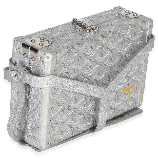 Traditional Silver Precious Metals Goyardine Canvas Minaudiere Trunk For Sale - Image 3 of 9