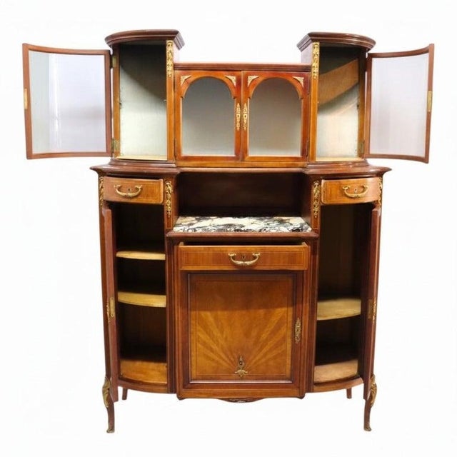 Wood Pair Mahogany, Parquetry & Ormolu Credenzas With Beveled Glass C1890 For Sale - Image 7 of 12
