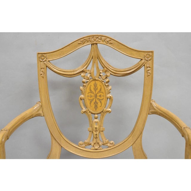 Vintage Hepplewhite Style Prince of Wales Drape Carved Inlay Shield Back Blonde Mahogany Dining Arm Chairs with Grey Suede...