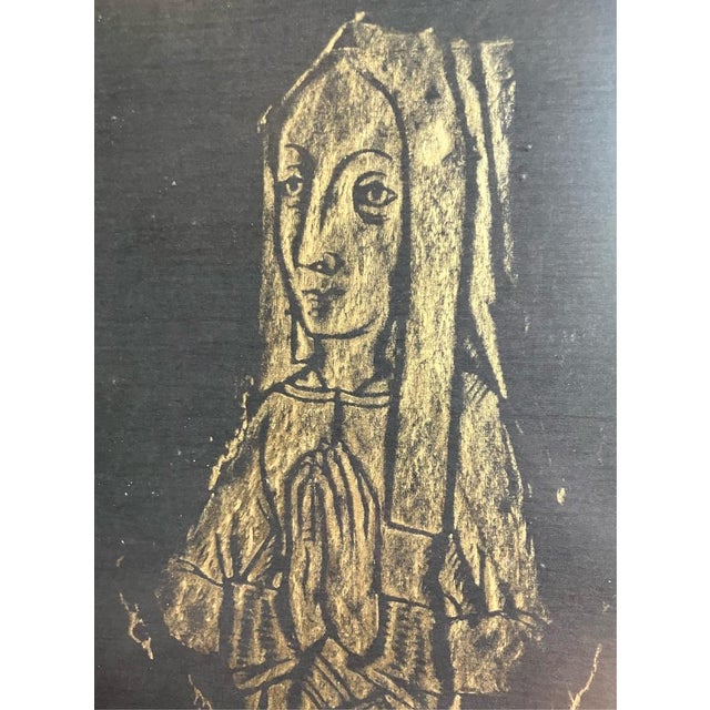 Mid 20th Century Mid 20th Century Mid Century Modern Vintage Wood Framed Brass Rubbing Depicting a Medieval Lady in Prayer For Sale - Image 5 of 10