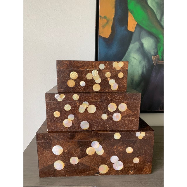 1990s Vintage Maitland Smith Tessellated Decorative Hinged Lid Wood Boxes With Mother of Pearl Inlays - Set of 3 For Sale - Image 4 of 12