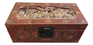 Late 19th Century Chinese Painted Lacquered Wood Carved Imperial Court Motif Chest