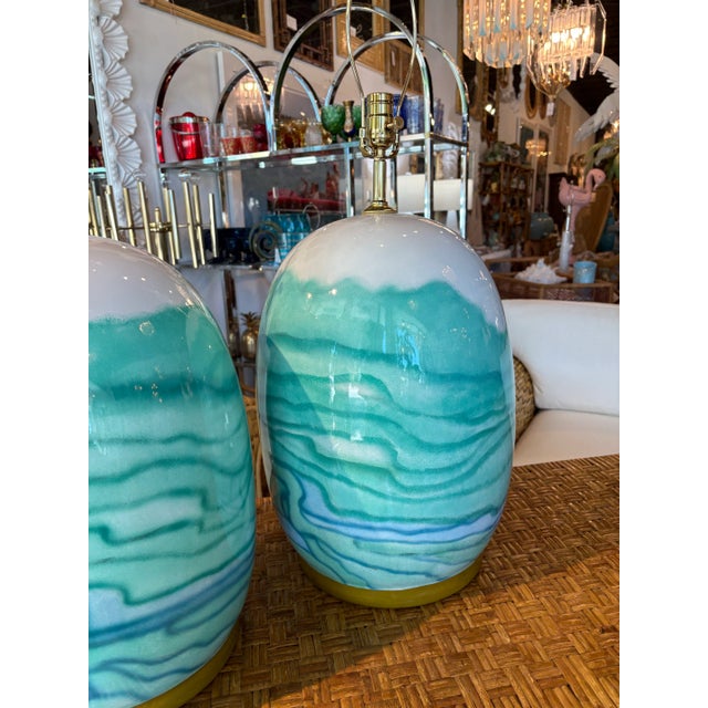 1980s Vintage Pair Ceramic Watercolor Blue Green Modern Coastal Table Lamps Rewired For Sale - Image 5 of 12