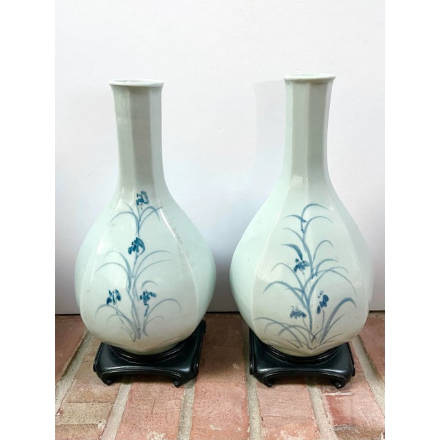 Vintage Asian Celadon Vases With Blue Flowers - a Pair For Sale - Image 9 of 13