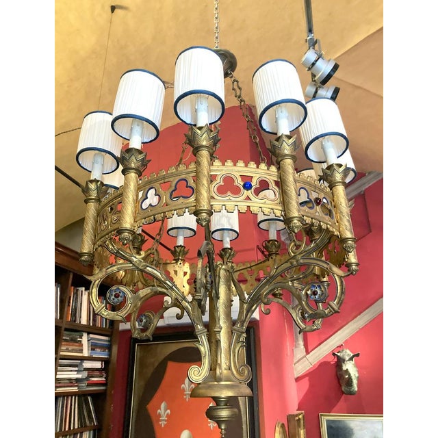 Metal Large 19th Century Italian Gothic Revival Gilt Bronze and Enameld 12 Candle Lights Chandelier For Sale - Image 7 of 18