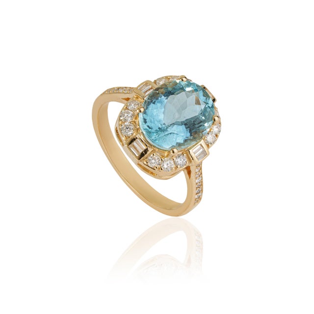 VR Jewels 14k Gold Art Deco 3.49ct Oval Aquamarine Diamond Chic Cocktail Ring Size 4 For Sale - Image 4 of 18