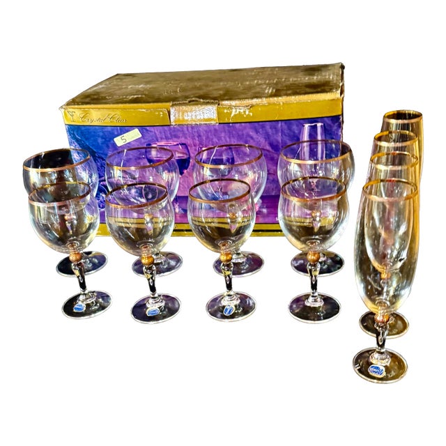 1980s Bohemian Crystal With 24k Gold Trim Stemware Set - Set of 13 For Sale