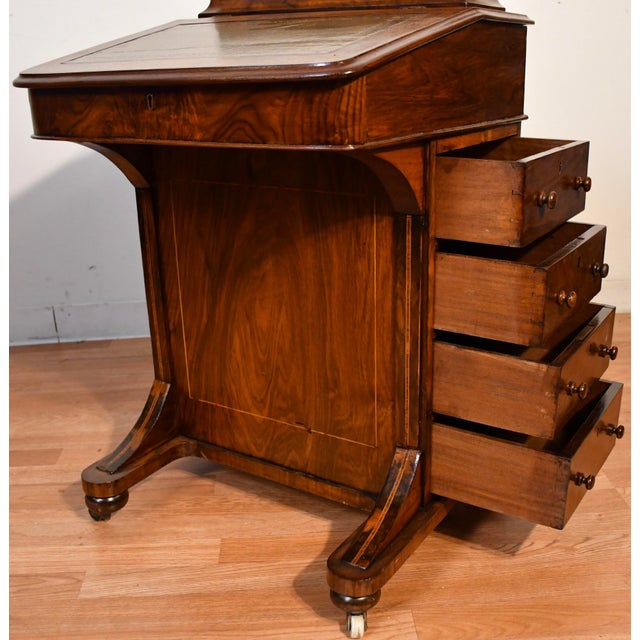 Rare 1870s Antique Victorian Burl Walnut & Leather Surface Davenport Writing Desk For Sale - Image 11 of 18