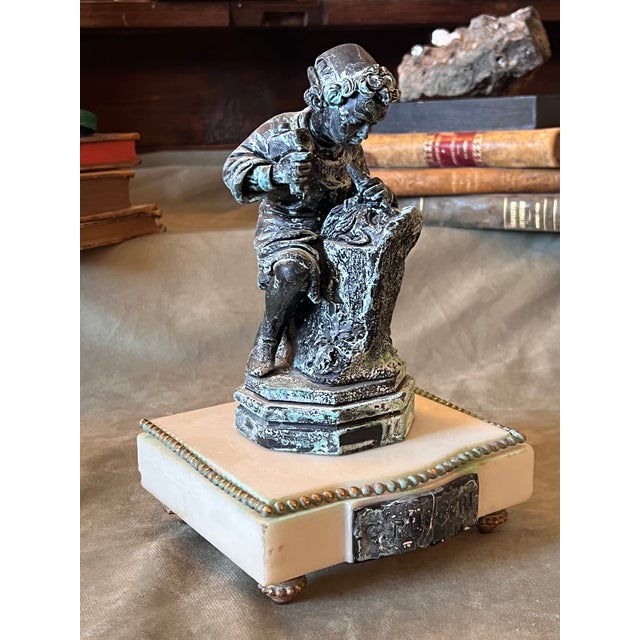 Bronze Finish Plaster Figure of Young Michelangelo on the Antique Marble Base For Sale In Palm Springs - Image 6 of 11