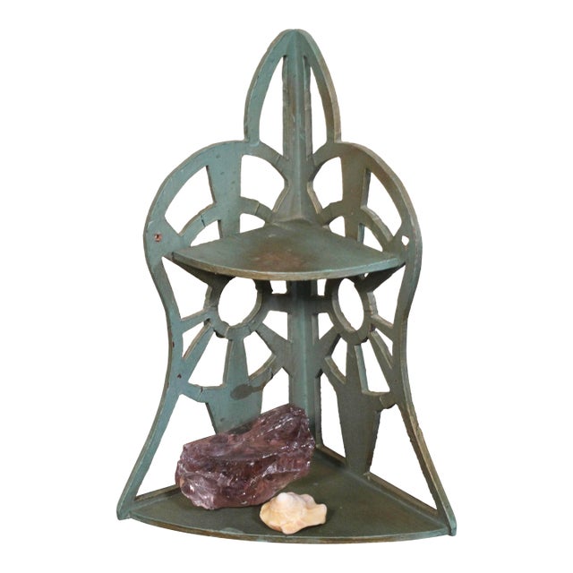 1930s Folk Art Green and Gold Scroll Shelf For Sale