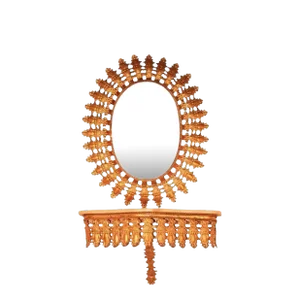 Italian Hollywood Regency Gold Iron Sunburst Mirror and Marble Top Wall Console