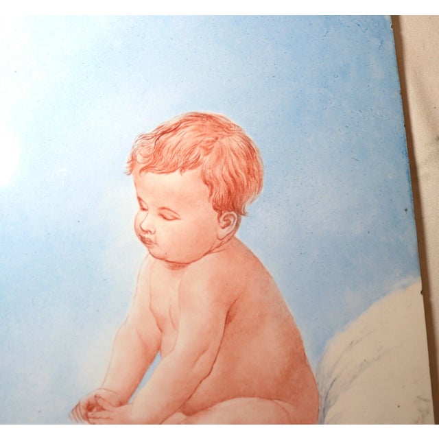 Antique 19th Century Hand Painted Porcelain Tile Nude Baby Painting Figural 1800 For Sale - Image 10 of 10
